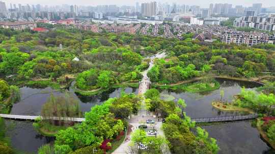 航拍春雨迷蒙下的江苏无锡蠡湖国家湿地公园