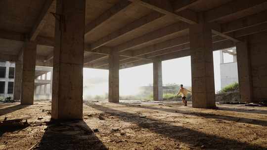 建筑废墟人物奔跑空翻