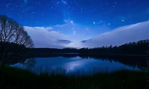 夜晚星空下的静谧湖水自然风光