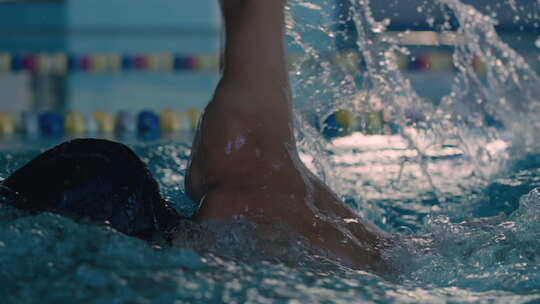 自由泳选手激起水花冲刺瞬间特写