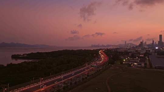 深圳滨河大道与华侨城大厦的夕阳日落夜景