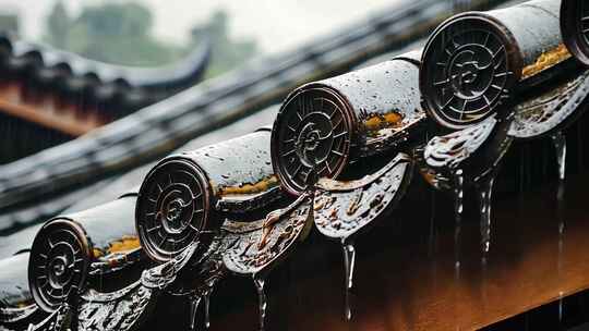 江南古建筑雨季清明节屋檐滴水雨水流淌