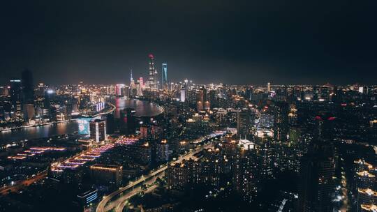 右移航拍上海电影感城市夜景
