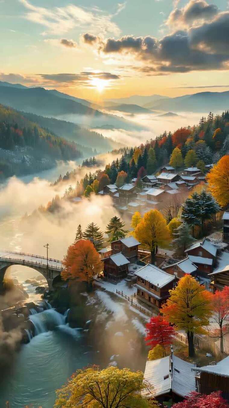 山间村落秋日日出风景