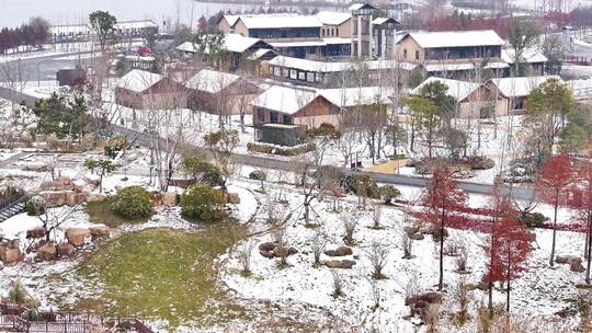 航拍湿地公园雪景树林湖岛木屋杉树木