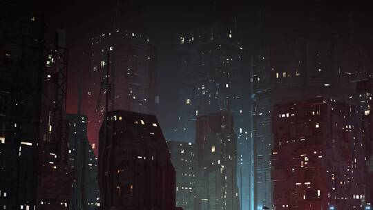 未来主义反乌托邦科幻城市在夜晚建立