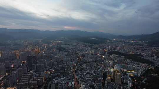 福建龙岩城市夜幕降临晚霞夜景灯光航拍