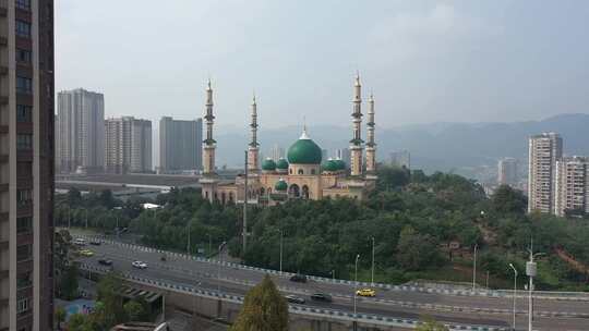 重庆市九龙坡区伊斯兰大清真寺航拍素材