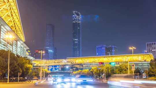 苏州国际博览中心和金融中心车流延时夜景