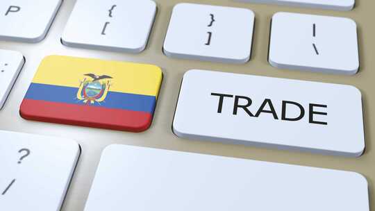 按钮3D动画上的厄瓜多尔国旗和贸易文本