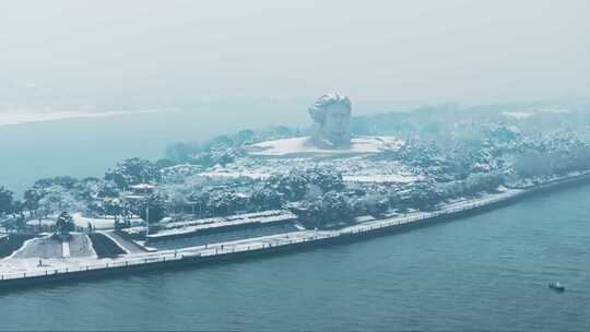 湖南长沙橘子洲头雪景航拍风光