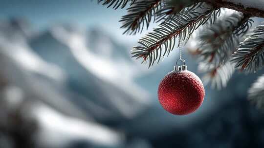 雪山映衬下的圣诞红球节日氛围浓厚