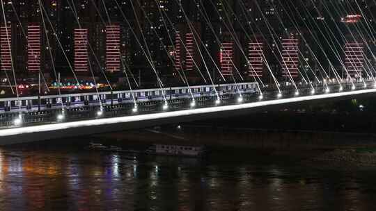 重庆地铁10号线地铁行驶夜景航拍