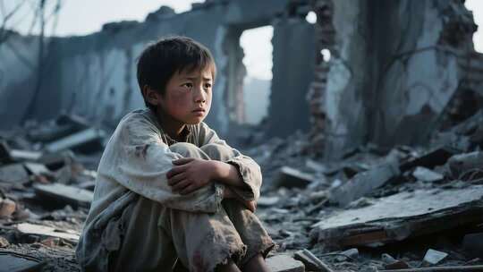 废墟中独坐的儿童