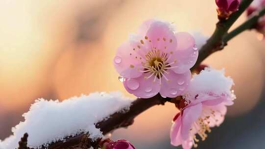 枝头覆雪的粉色花朵特写