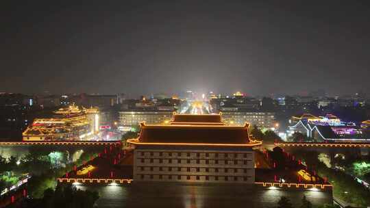 陕西西安永宁门夜景西安城墙夜景航拍