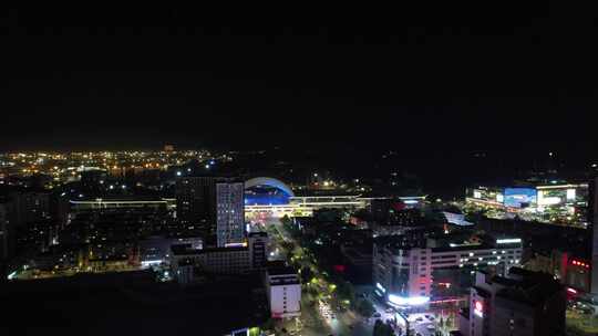 山东烟台城市夜景交通航拍