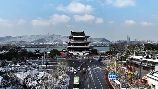 长沙城市大雪纷飞杜甫江阁雪景