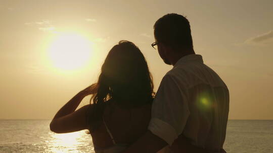 年轻夫妇欣赏海上日落视频素材模板下载