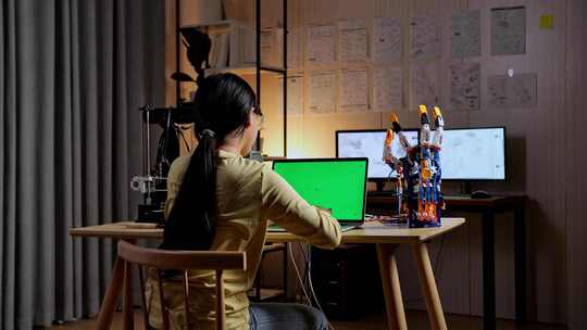 十几岁的亚洲女孩在家用模拟绿屏设计笔记本电脑上的电子手的后视图