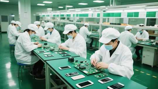 工人在工厂组装电子产品