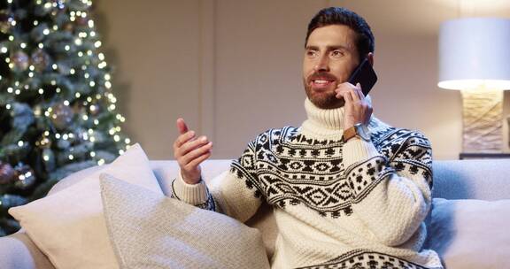 圣诞节男人坐在沙发上打电话