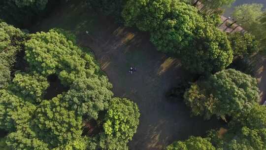 上海松江思贤公园草地双人平躺航拍旋转下降