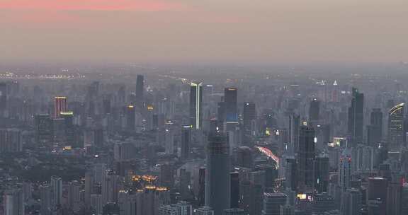 航拍上海城市建筑日落霞光