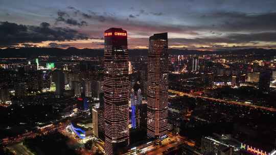 云南昆明双塔夜景航拍夜晚西山区城市地标