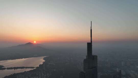 航拍江苏南京紫峰大厦日出紫金山风景