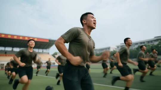 军人操场集体跑步训练