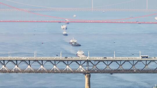长江货运轮船，高空大景视频素材模板下载