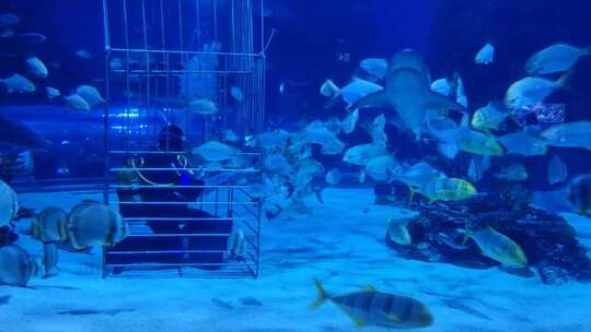 水族馆里潜水员正在投喂鱼群