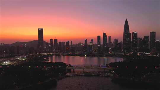 深圳湾城市晚霞夜景航拍