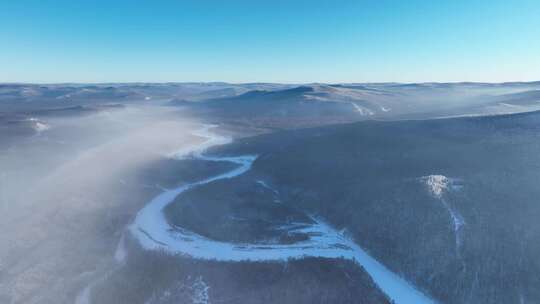 航拍寒冬林海雪原冻雾冰河