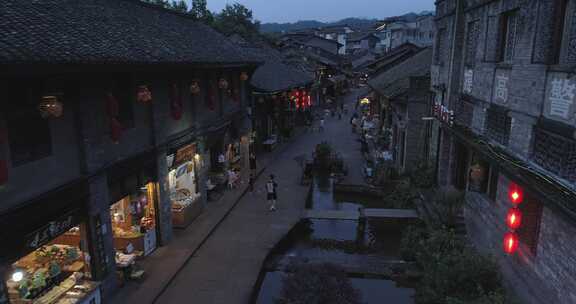 航拍四川柳江古镇风景老街夜景