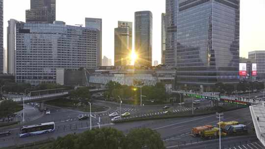 上海陆家嘴中心绿地建筑群日落航拍