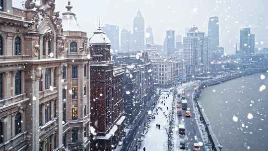 上海外滩雪景城市风光