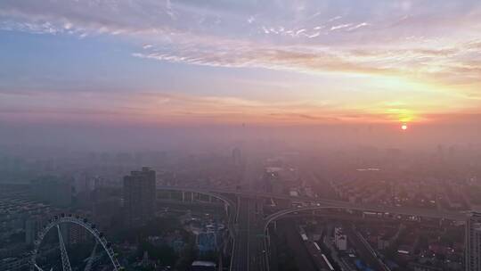 上海闵行梅陇镇朝霞平流雾绝美天航拍4K