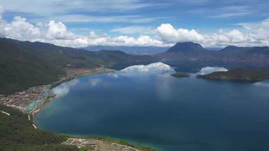 云南丽江泸沽湖摩梭族美景高空航拍