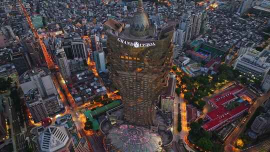 澳门半岛新葡京澳门塔CBD日出夜景高空航拍