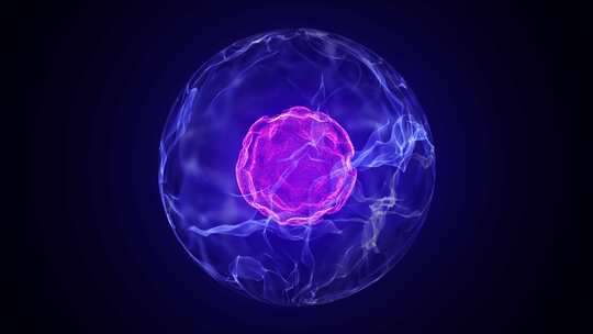 发光的粉蓝色原子的未来抽象3D软烟球。视频素材模板下载