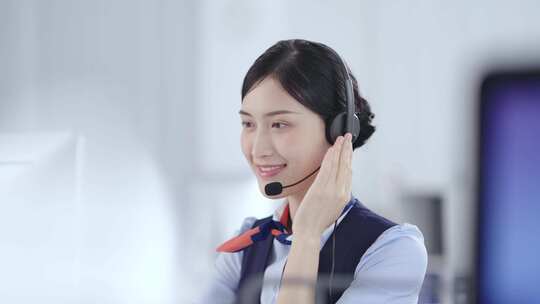 客服人员戴耳机工作画面