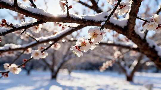 雪中绽放的梅花特写