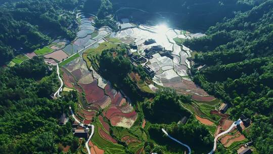 航拍山巅世外桃源土家族古寨梯田