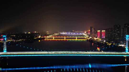 航拍湖北襄阳夜景凤雏大桥夜景