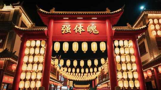 中式牌坊夜景灯笼素材