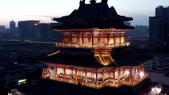 陕西省咸阳市清渭楼美术馆夜景航拍视频素材模板下载