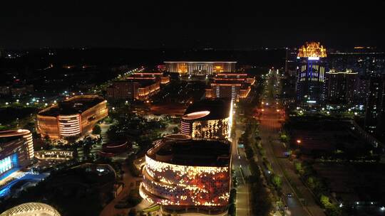 泉州市政府泉州图书馆夜景航拍泉州东海夜景