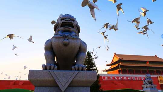 中国北京天安门广场上飞翔的和平鸽